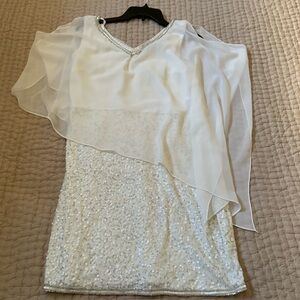 Elegant White Sequin Dress with Sheer Overlay Caplet Sleeves.  SZ 10 Petite NWT